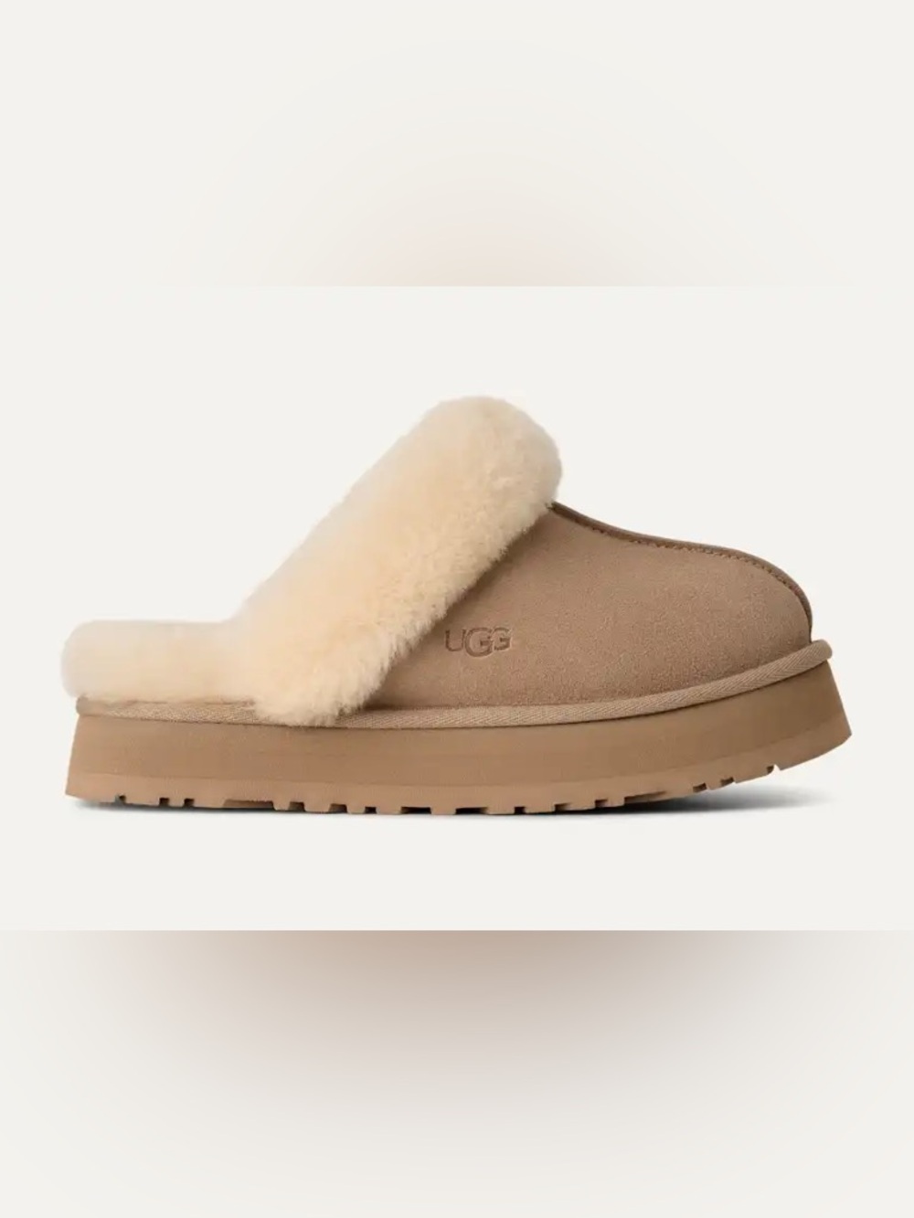 UGG disquette Women's Suede Shearling Clog Slippers in Chestnut and Cream 9